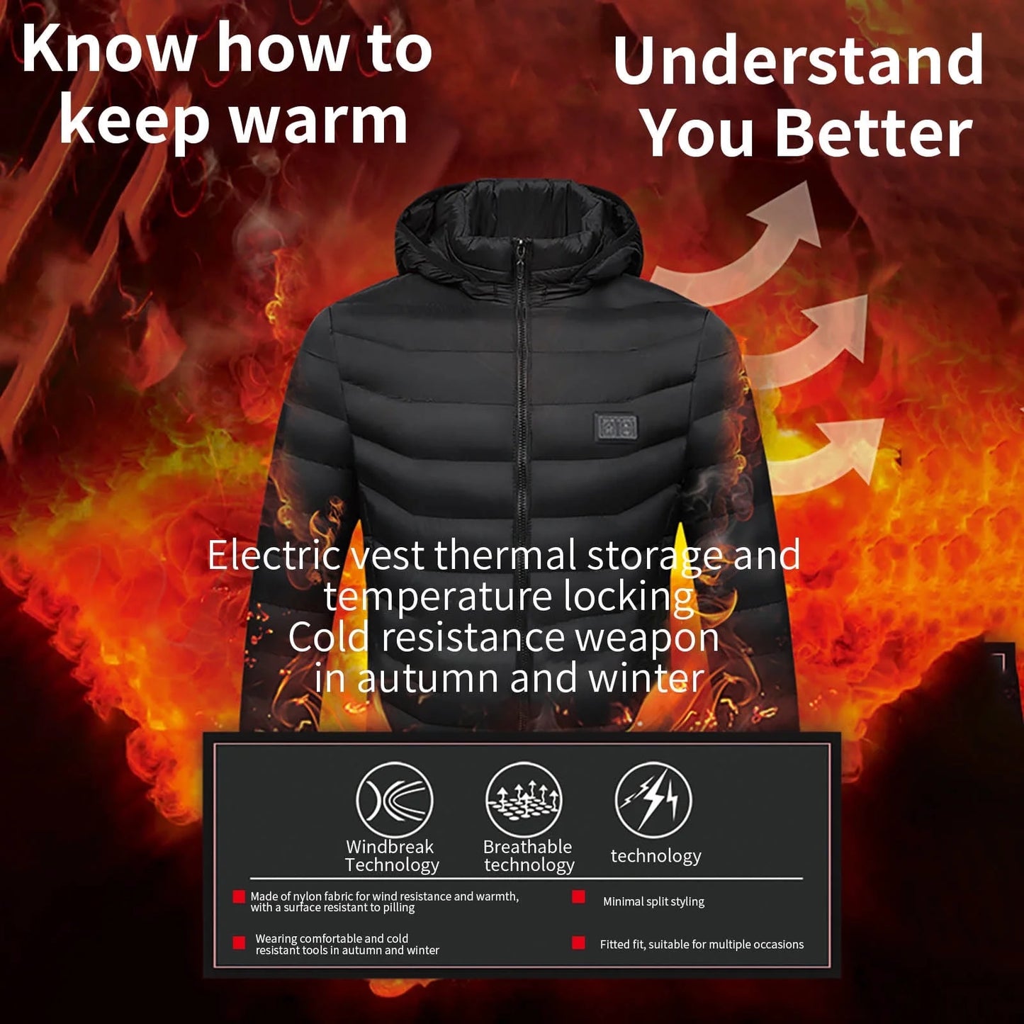 Heated Jacket for Men and Women, Heated Coat Hooded Heating Warm Jackets Windproof USB Charging Electric Body Warmer Suitable for Winter Outdoor
