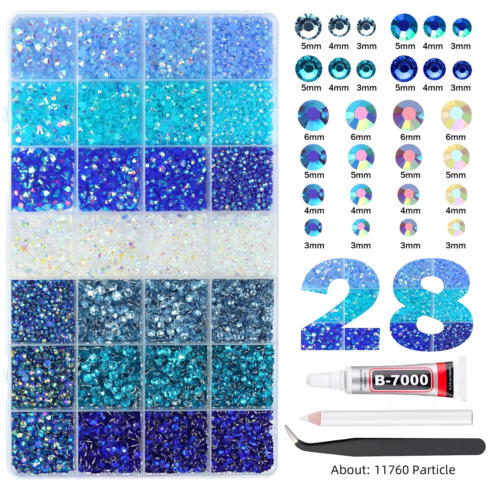 28Grid 3/4/5/6Mm Mixed Color Resin Drill AB Rhinestone Set Flatback Nail Drill for Phone Clothing DIY Decoration Nails Crafts
