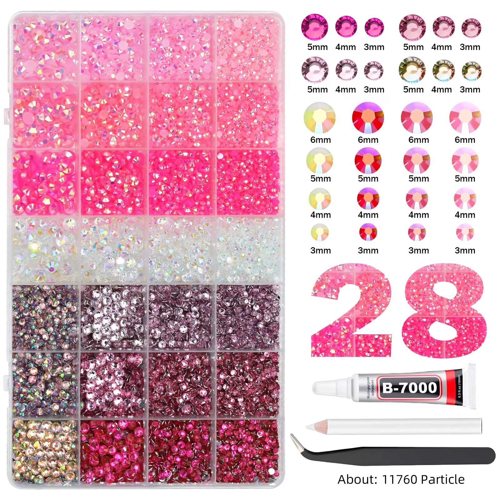 28Grid 3/4/5/6Mm Mixed Color Resin Drill AB Rhinestone Set Flatback Nail Drill for Phone Clothing DIY Decoration Nails Crafts