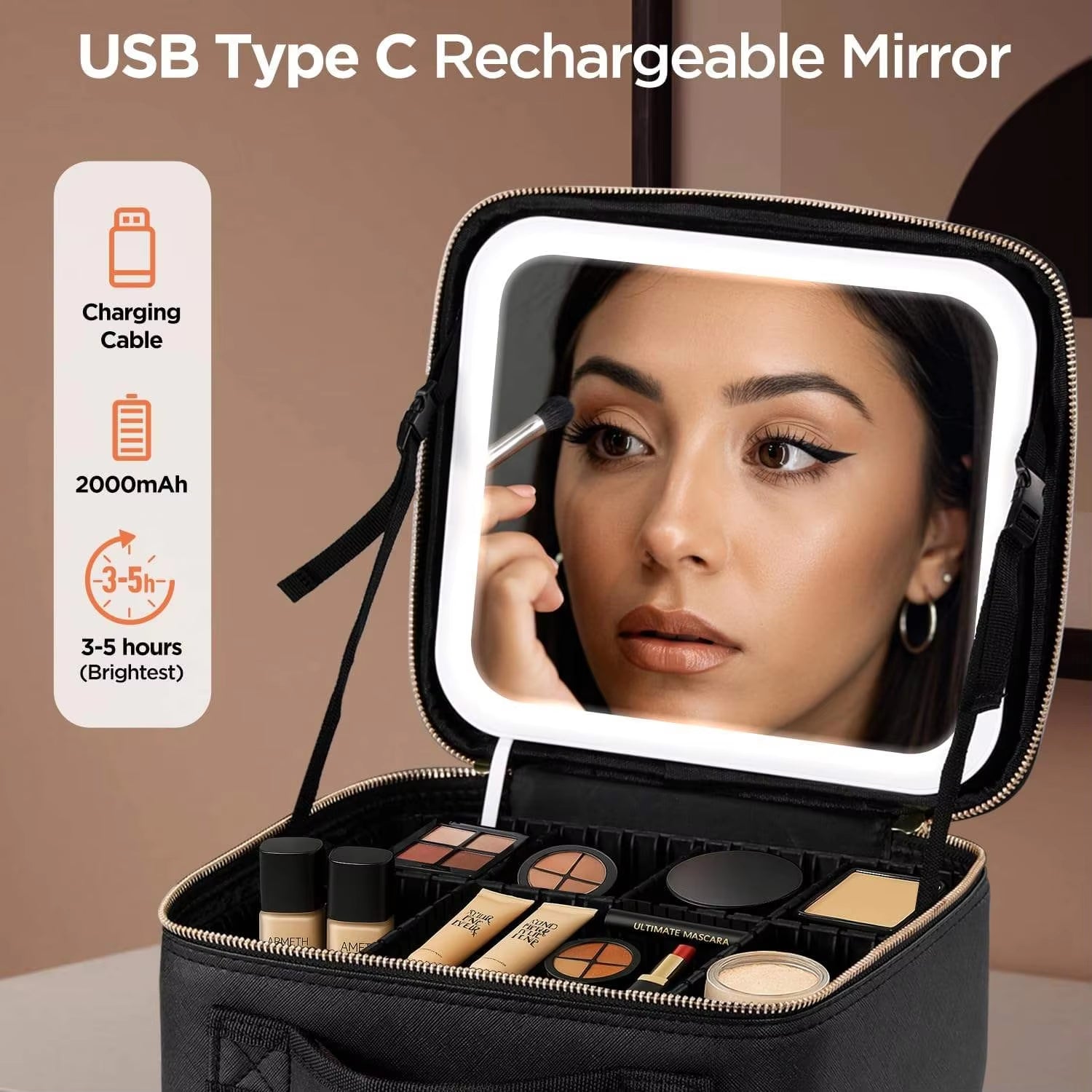 Portable Storage Bag Large Capacity Travel Cosmetic Makeup Bag with 3 in 1 LED Light Mirror