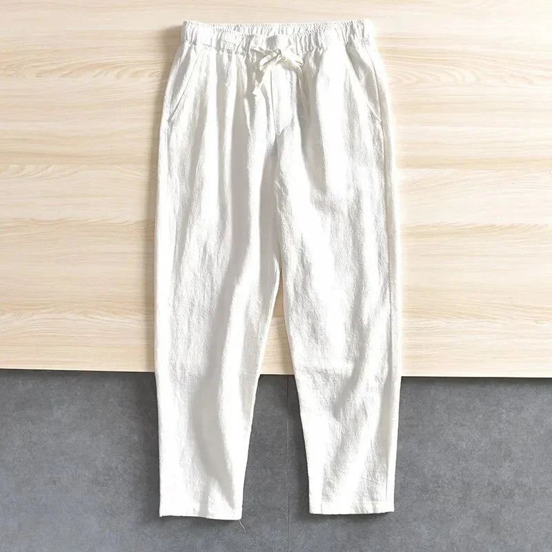 Men'S Cotton Linen Pants Solid Color Simple Style Breathable Lightwieght Elastic Waist Straight Leg Male Casual Cozy Trousers