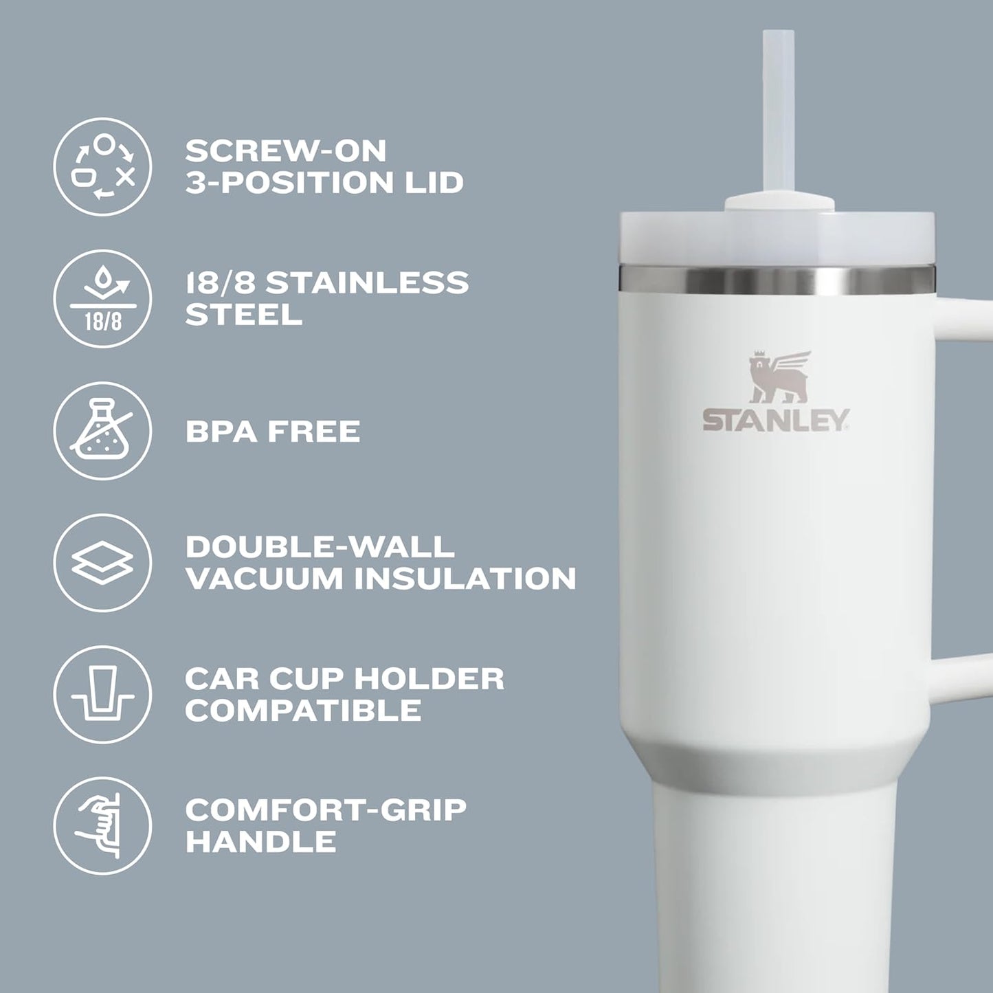 Quencher H2.0 Tumbler with Handle and Straw 30 Oz | Flowstate 3-Position Lid | Cup Holder Compatible for Travel | Insulated Stainless Steel Cup | Bpa-Free | Lilac