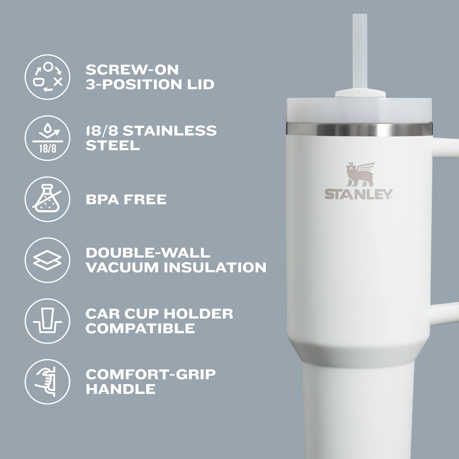 Quencher H2.0 Tumbler with Handle and Straw 30 Oz | Flowstate 3-Position Lid | Cup Holder Compatible for Travel | Insulated Stainless Steel Cup | Bpa-Free | Lilac