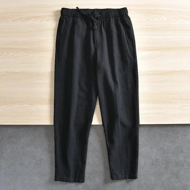 Men'S Cotton Linen Pants Solid Color Simple Style Breathable Lightwieght Elastic Waist Straight Leg Male Casual Cozy Trousers