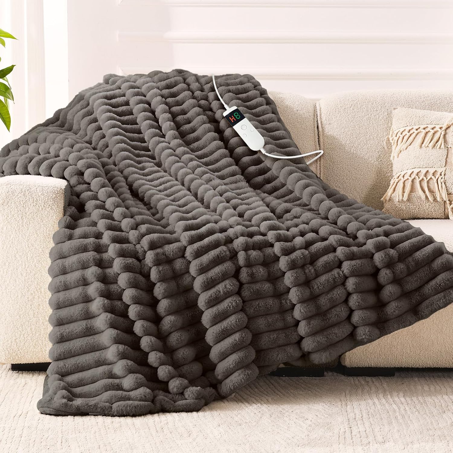 Heated Blanket Electric Throw, Soft Flannel Heating Blanket with 8 Hours Auto off 10 Fast Heating Levels Machine Washable Sherpa Heated Blanket with Overheating Protection