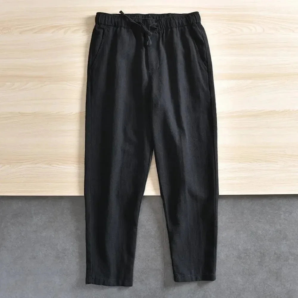 Men'S Cotton Linen Pants Solid Color Simple Style Breathable Lightwieght Elastic Waist Straight Leg Male Casual Cozy Trousers