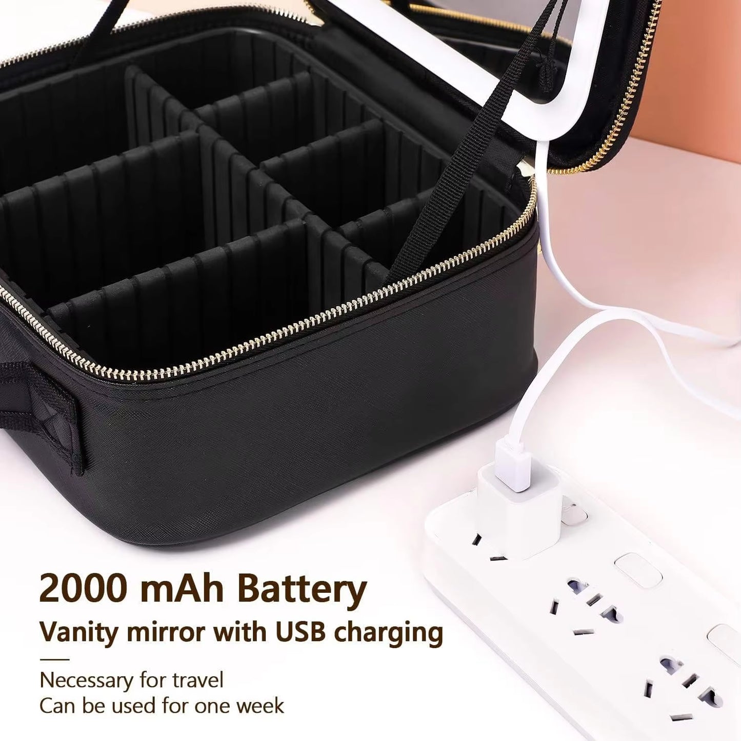 Portable Storage Bag Large Capacity Travel Cosmetic Makeup Bag with 3 in 1 LED Light Mirror