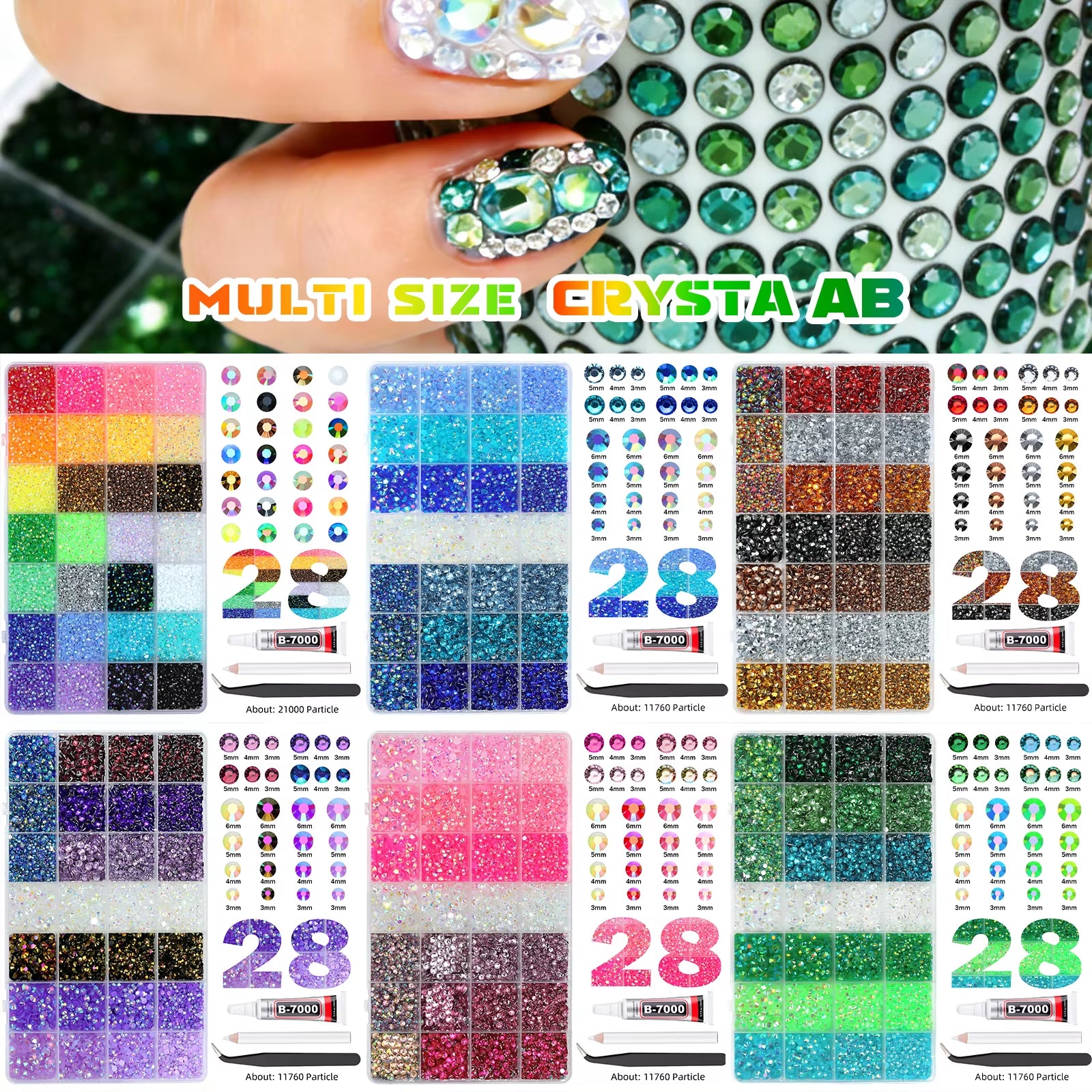 28Grid 3/4/5/6Mm Mixed Color Resin Drill AB Rhinestone Set Flatback Nail Drill for Phone Clothing DIY Decoration Nails Crafts