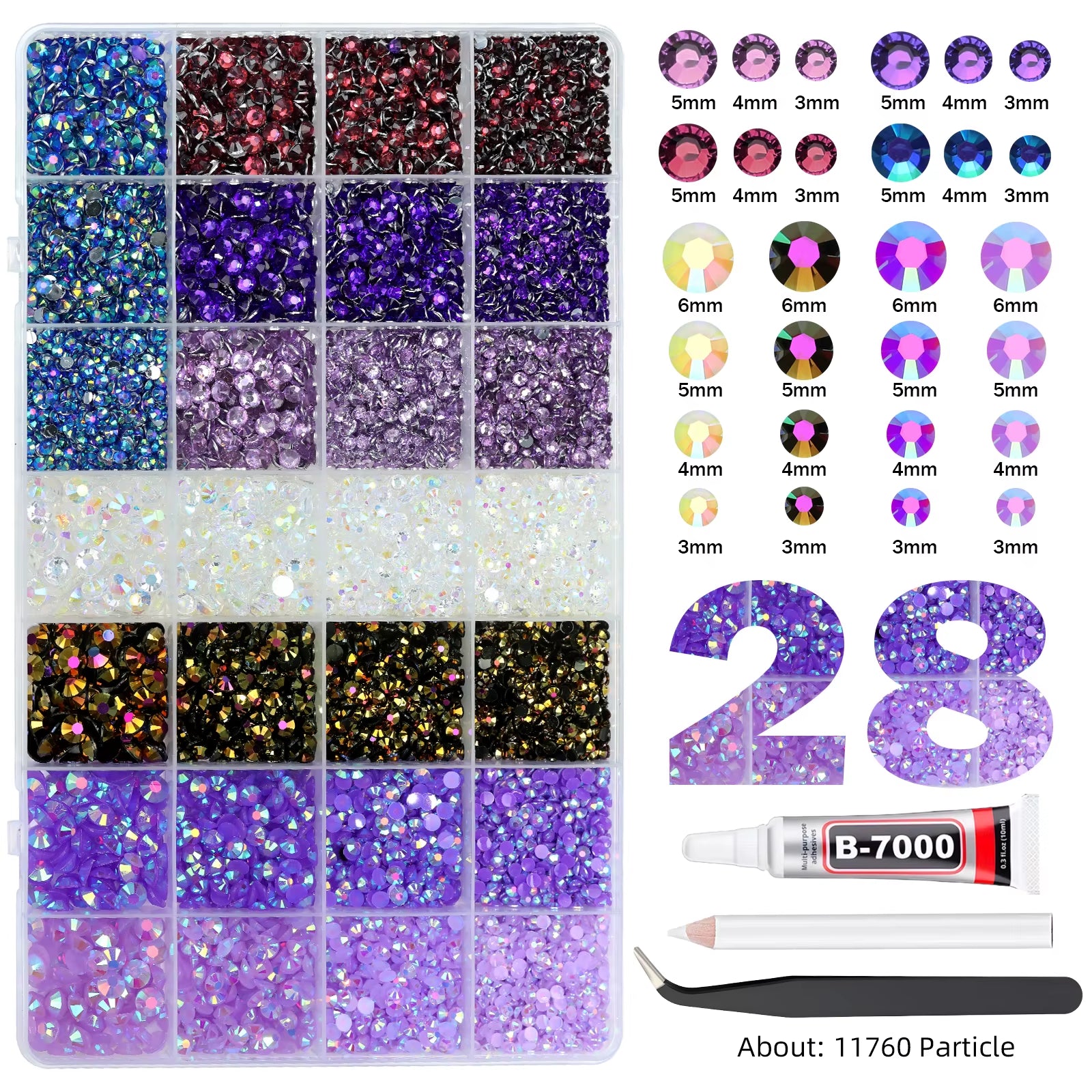 28Grid 3/4/5/6Mm Mixed Color Resin Drill AB Rhinestone Set Flatback Nail Drill for Phone Clothing DIY Decoration Nails Crafts