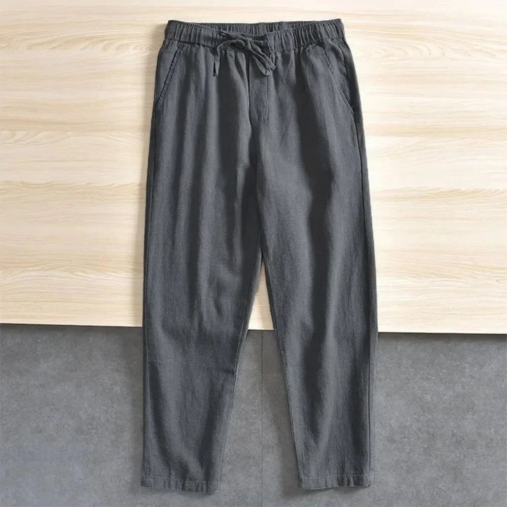 Men'S Cotton Linen Pants Solid Color Simple Style Breathable Lightwieght Elastic Waist Straight Leg Male Casual Cozy Trousers