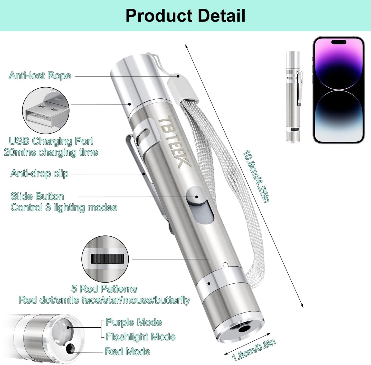 Cat Toys, USB Rechargeable Kitten Toy, 3 Light Modes & 5 Adjustable Patterns, Portable Interactive Pet Dog Cat Mouse Toy for Fun Chase Play Exercise