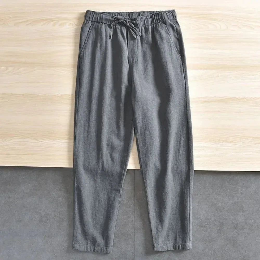 Men'S Cotton Linen Pants Solid Color Simple Style Breathable Lightwieght Elastic Waist Straight Leg Male Casual Cozy Trousers