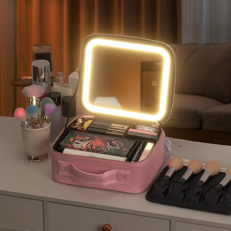 Portable Storage Bag Large Capacity Travel Cosmetic Makeup Bag with 3 in 1 LED Light Mirror