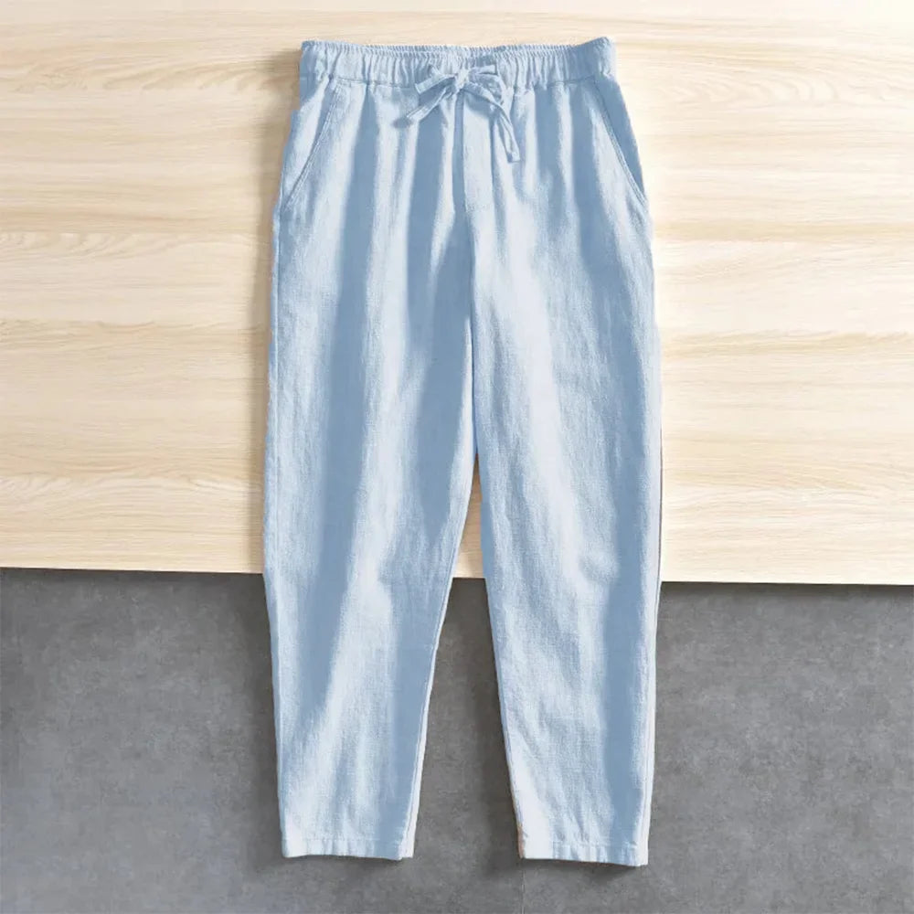 Men'S Cotton Linen Pants Solid Color Simple Style Breathable Lightwieght Elastic Waist Straight Leg Male Casual Cozy Trousers