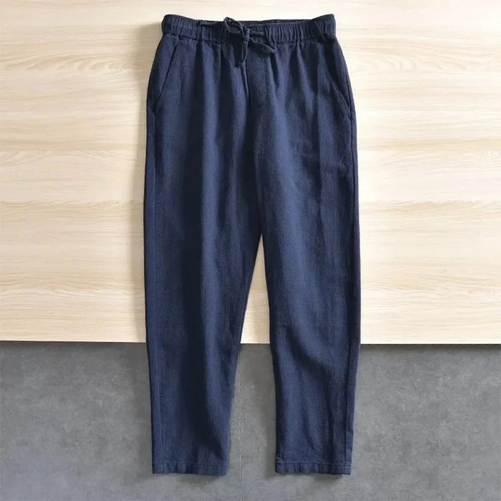 Men'S Cotton Linen Pants Solid Color Simple Style Breathable Lightwieght Elastic Waist Straight Leg Male Casual Cozy Trousers