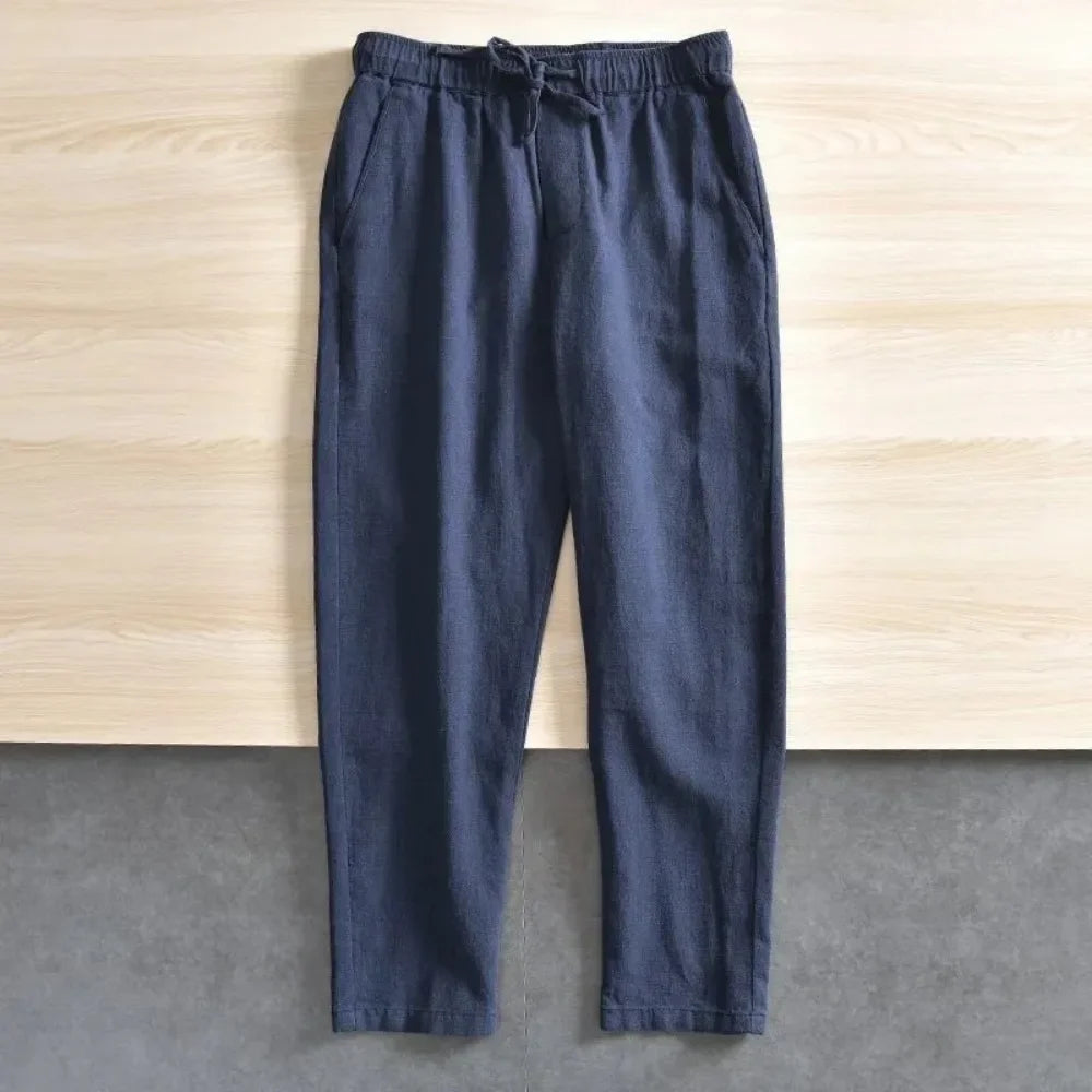 Men'S Cotton Linen Pants Solid Color Simple Style Breathable Lightwieght Elastic Waist Straight Leg Male Casual Cozy Trousers