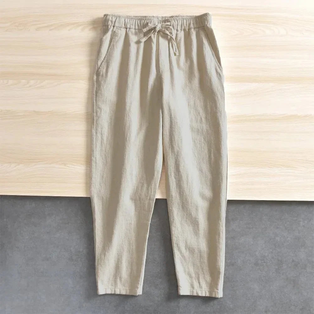 Men'S Cotton Linen Pants Solid Color Simple Style Breathable Lightwieght Elastic Waist Straight Leg Male Casual Cozy Trousers