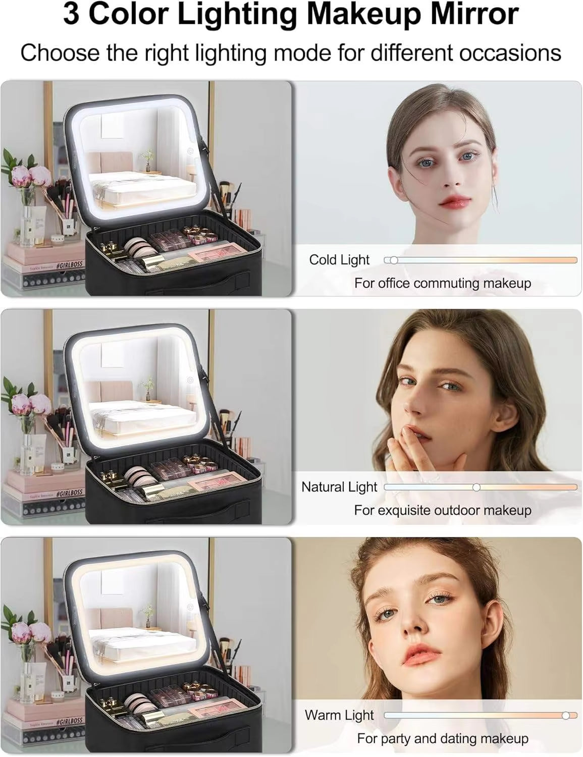 Portable Storage Bag Large Capacity Travel Cosmetic Makeup Bag with 3 in 1 LED Light Mirror
